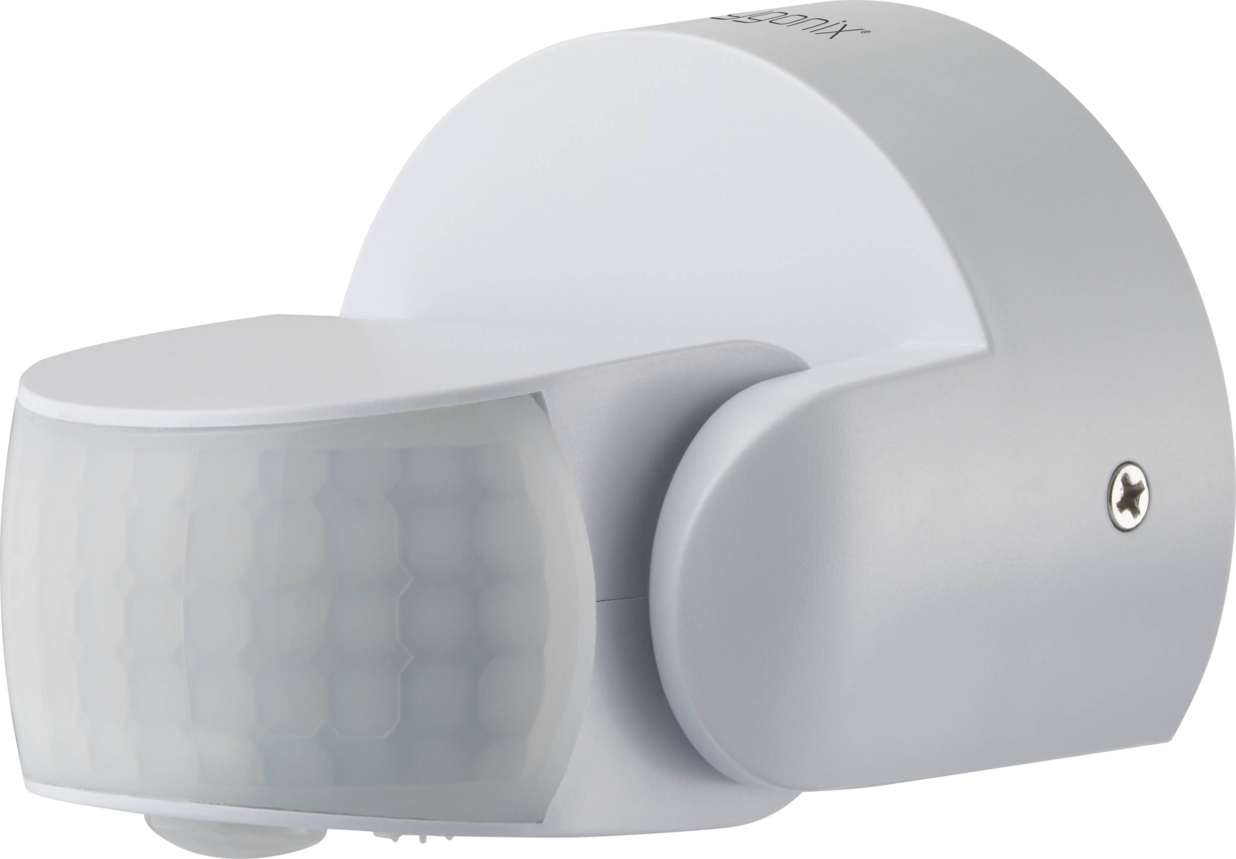 A white, wall-mounted motion sensor is shown. The sensor has a rounded shape and is suitable for indoor or outdoor use.