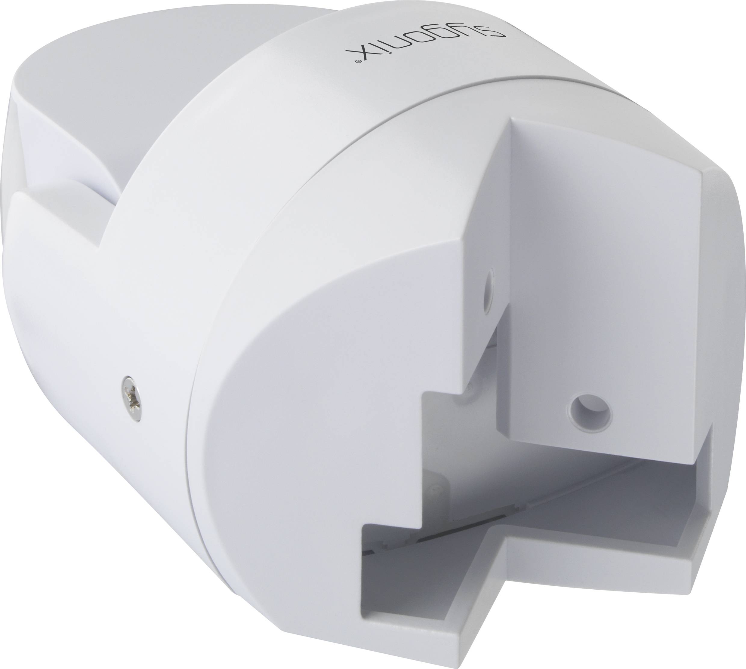 White, cylindrical holder with an opening at the bottom, marked with 'Synoflex'.