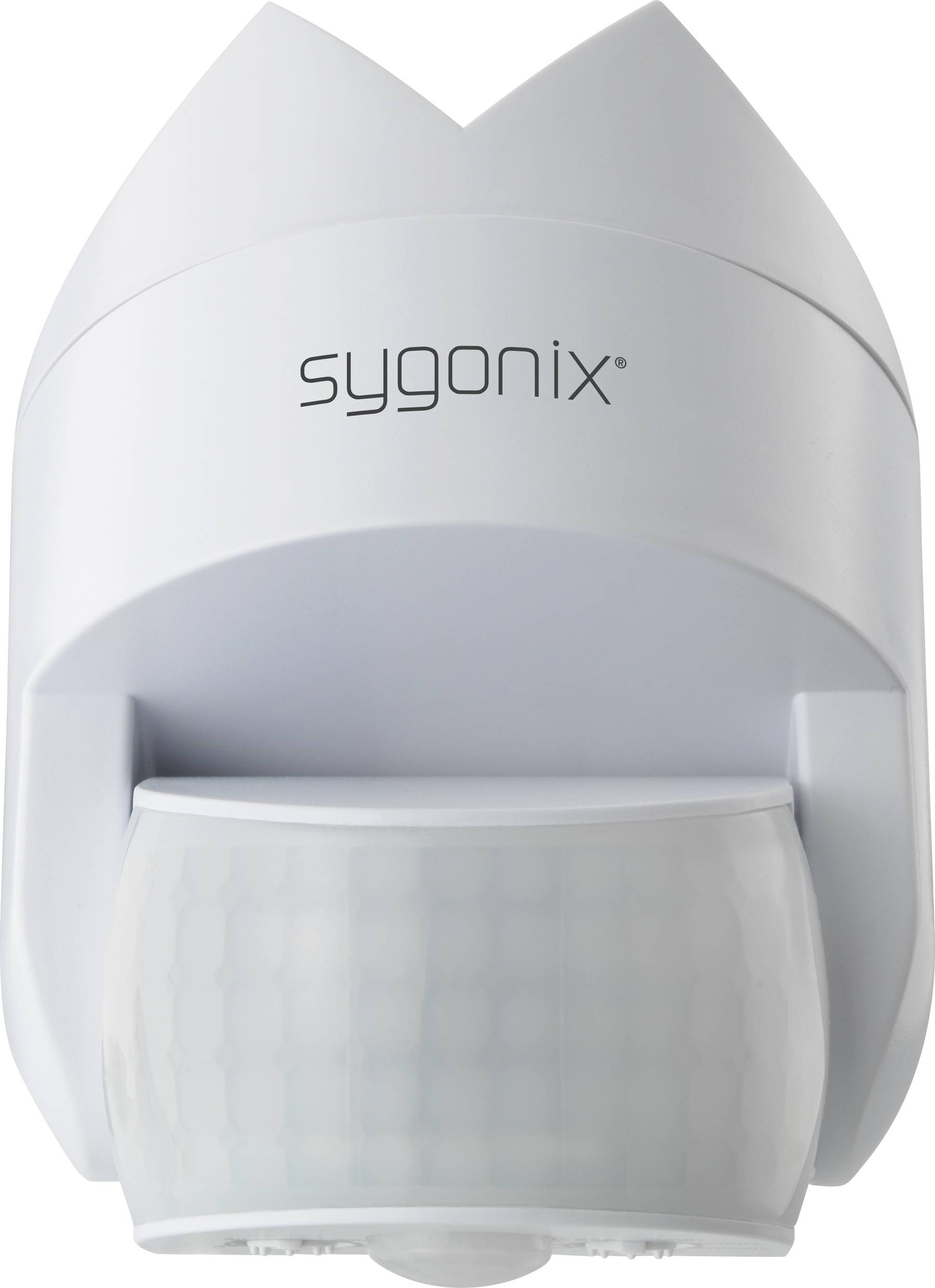 External motion sensor by Sygonix in white, with a round sensor lens at the bottom.