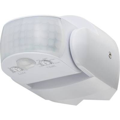 A white motion sensor with two adjustment dials for light and time. Ideal for detecting movement in indoor or outdoor areas.