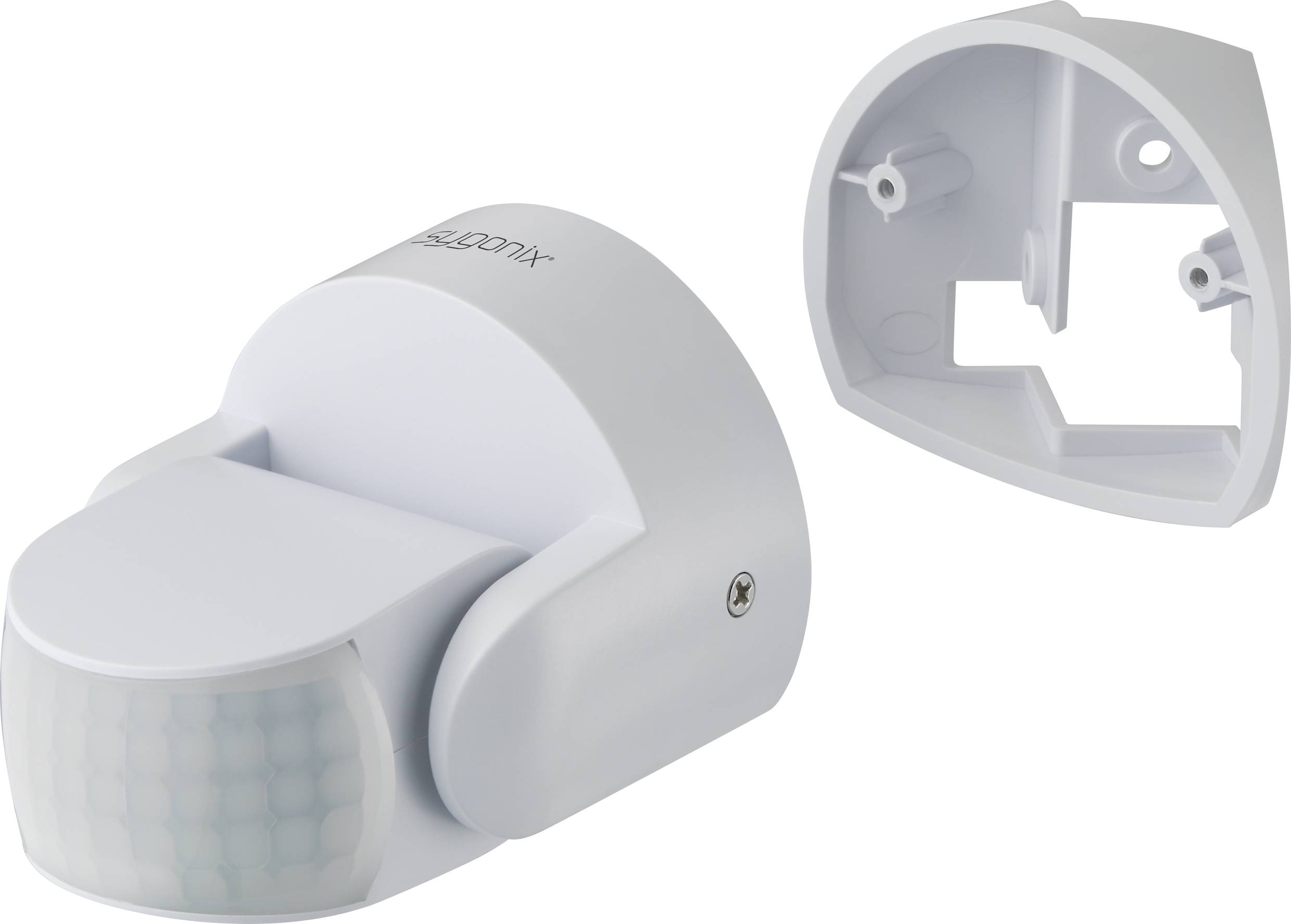 Motion sensor in white, consisting of main unit and removable mounting bracket. Ideal for security and lighting applications.