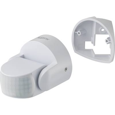 Motion sensor in white, consisting of main unit and removable mounting bracket. Ideal for security and lighting applications.