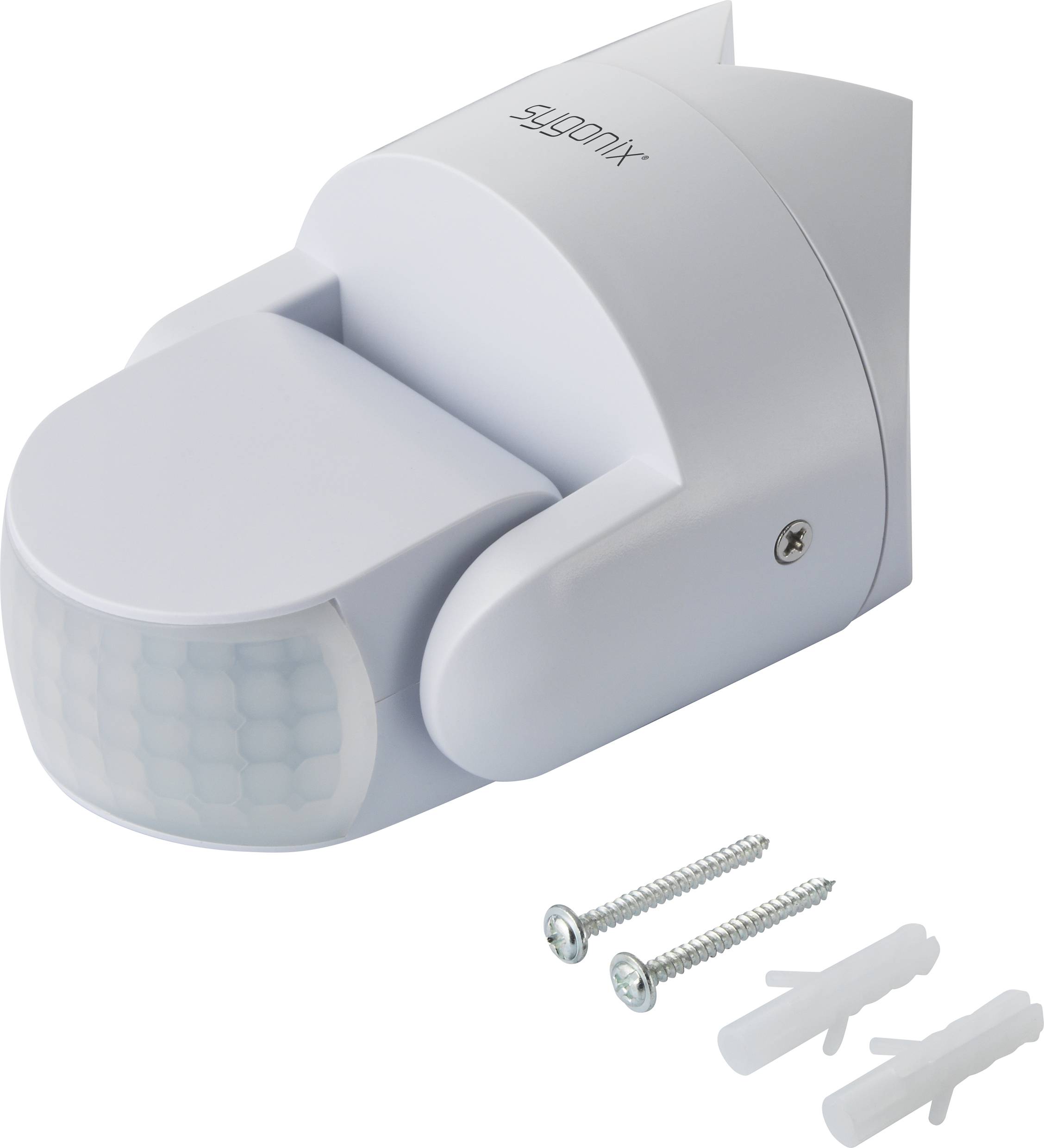 White motion sensor light with mounting materials underneath, consisting of two screws and wall plugs.