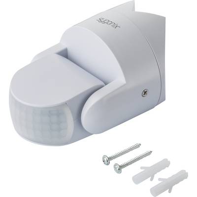 White motion sensor light with mounting materials underneath, consisting of two screws and wall plugs.