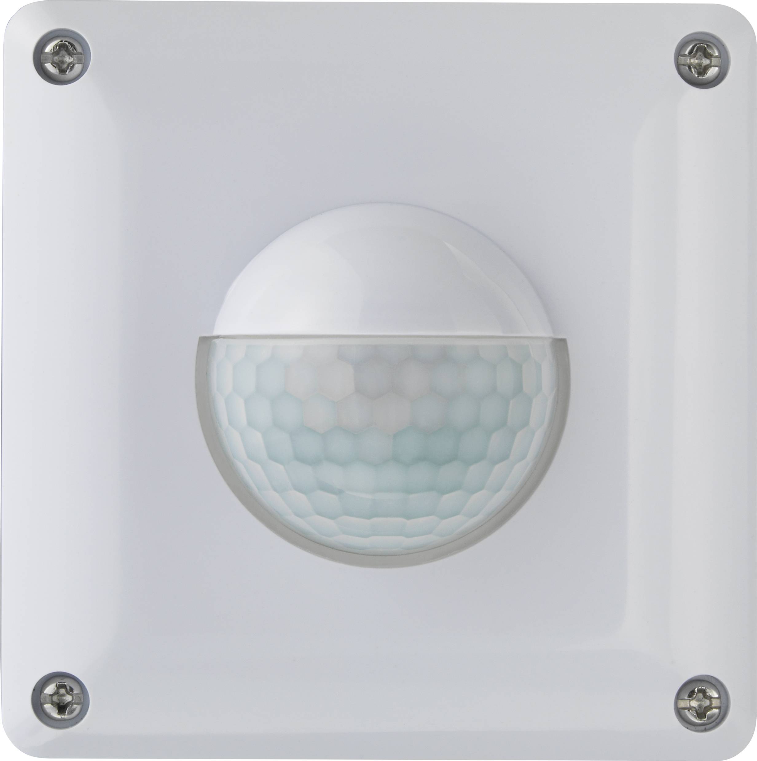 A rectangular motion sensor with a curved, honeycomb-shaped sensor in the centre, surrounded by a white plastic cover.