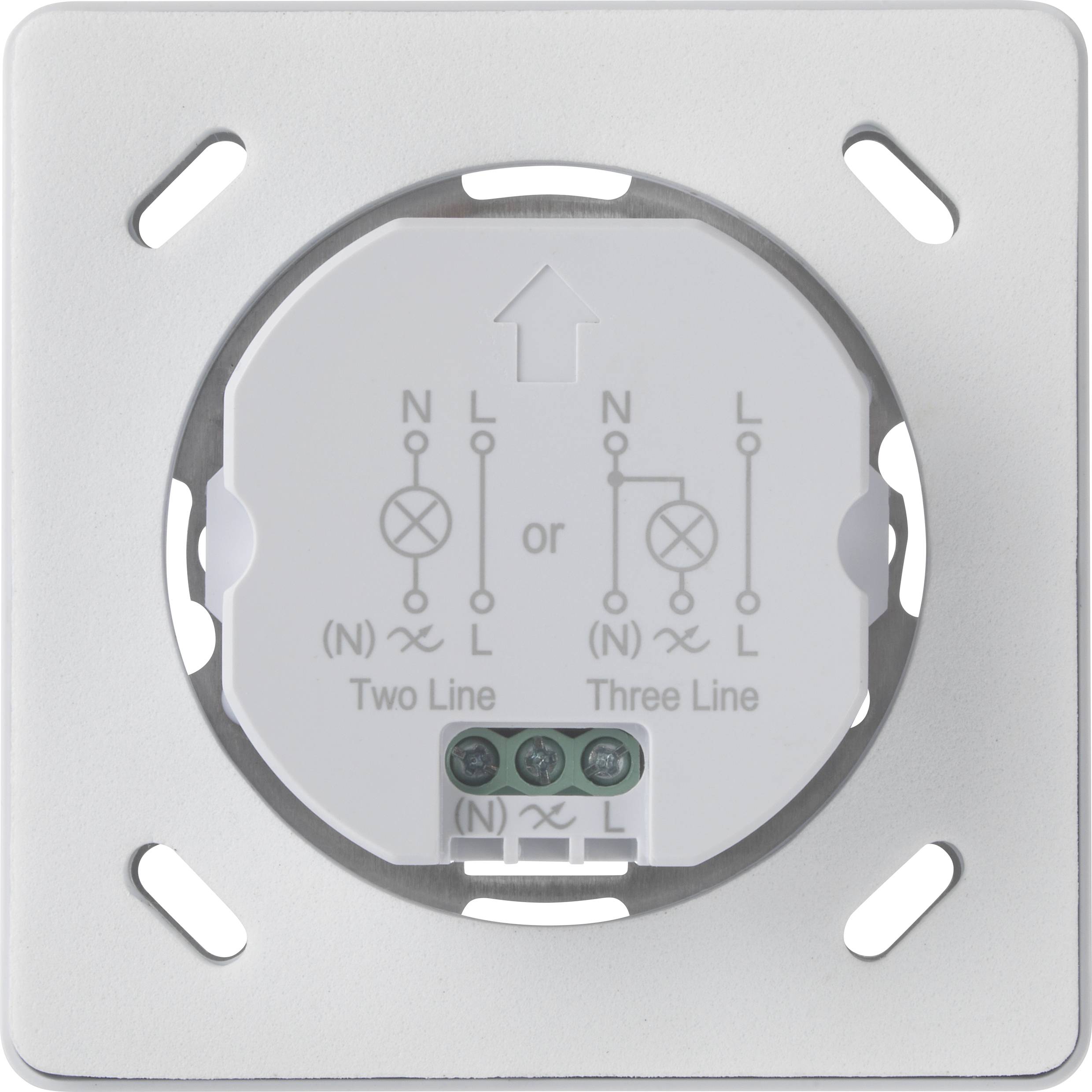 Back of a socket with connections wired for 'Two Line' and 'Three Line'. Symbols show circuit options.