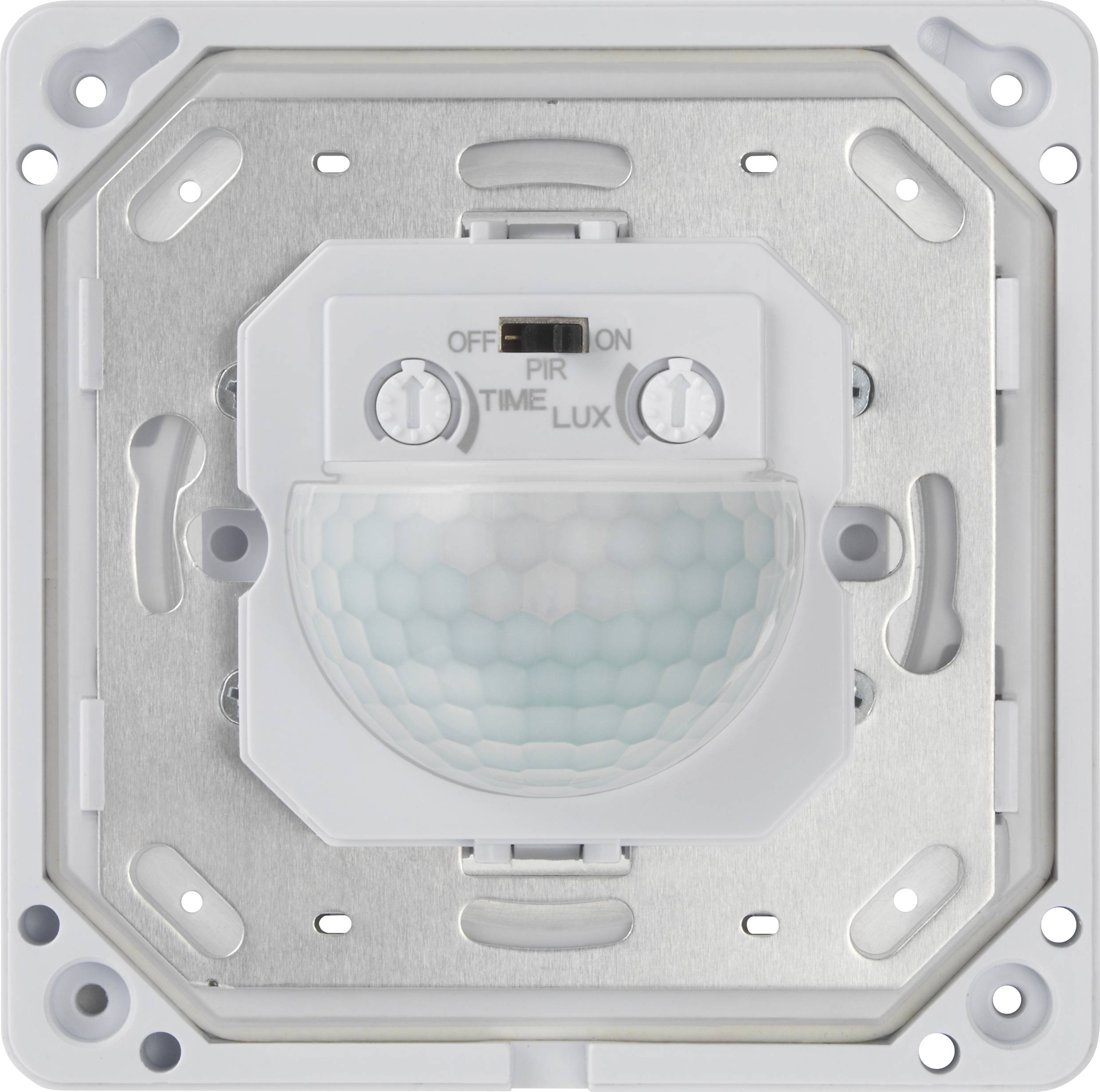 A motion sensor with a square casing. It has controls for sensitivity (PIR), time (TIME), and brightness (LUX).