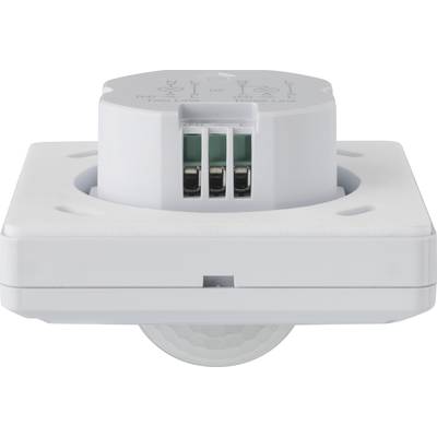 A white motion sensor with a square mounting bracket, suitable for ceiling installation in indoor spaces, shows connection terminals and infrared lens.