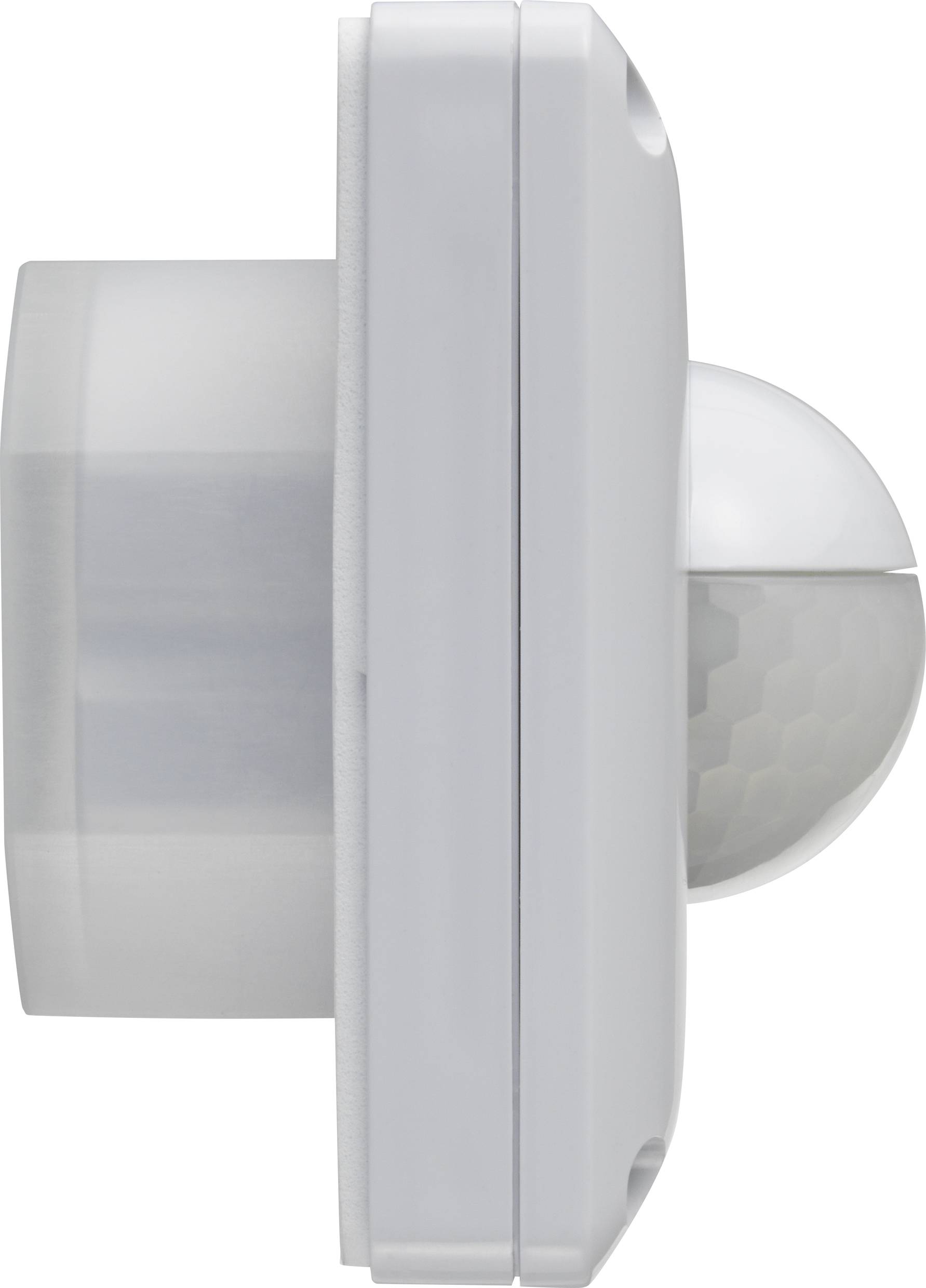 Side view of a white infrared motion sensor with a circular dome.