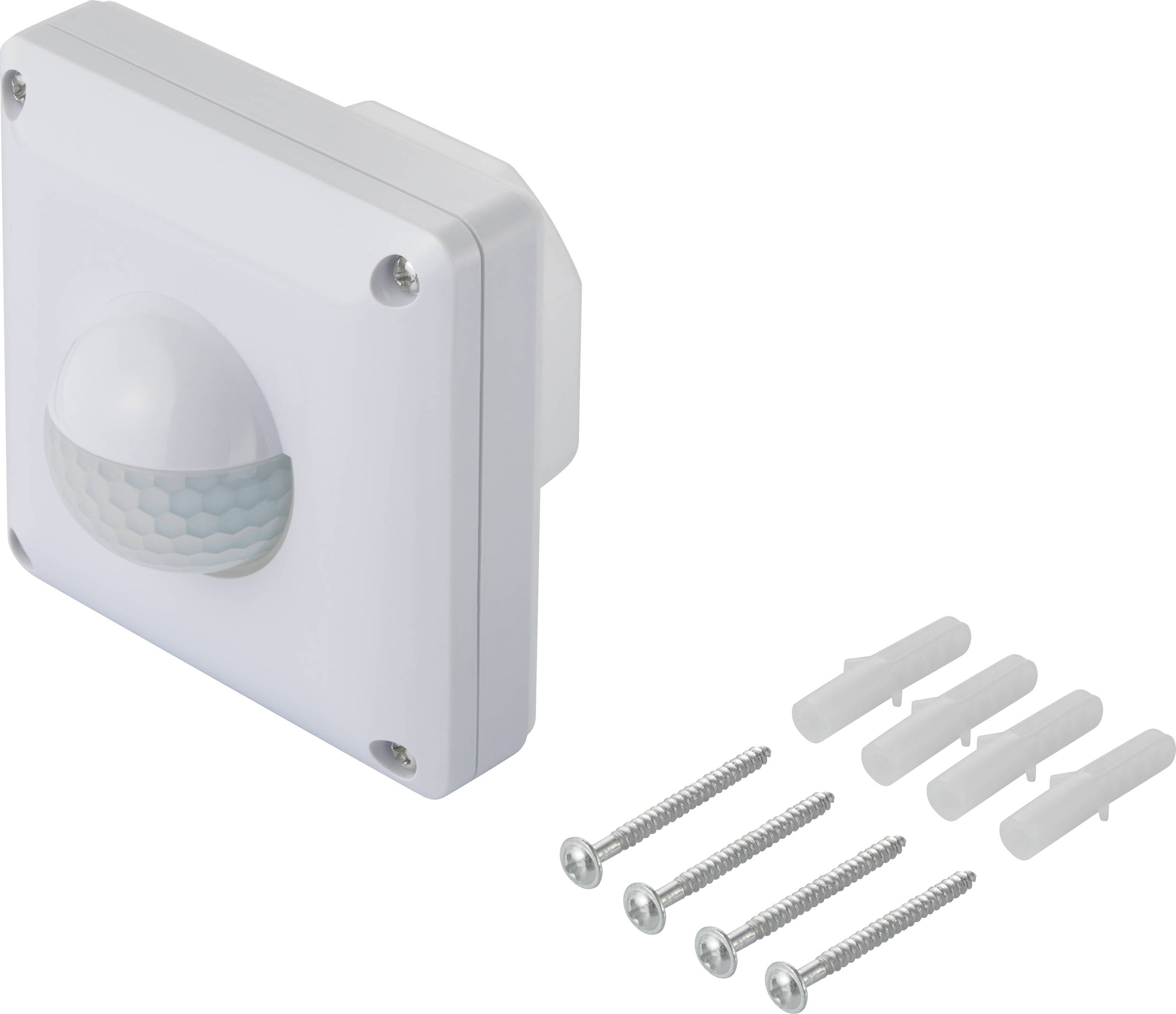 Wall Mounting Kit for Motion Sensor, includes a white sensor, four screws and wall plugs. Ideal for indoor installation.