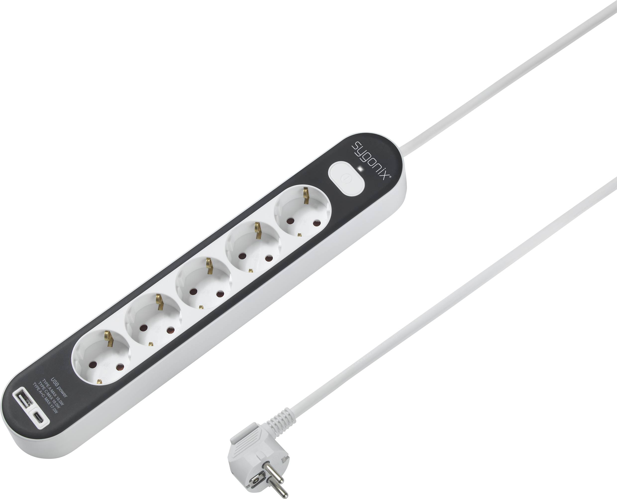 A white extension lead with five plug sockets, black surface, and switch.