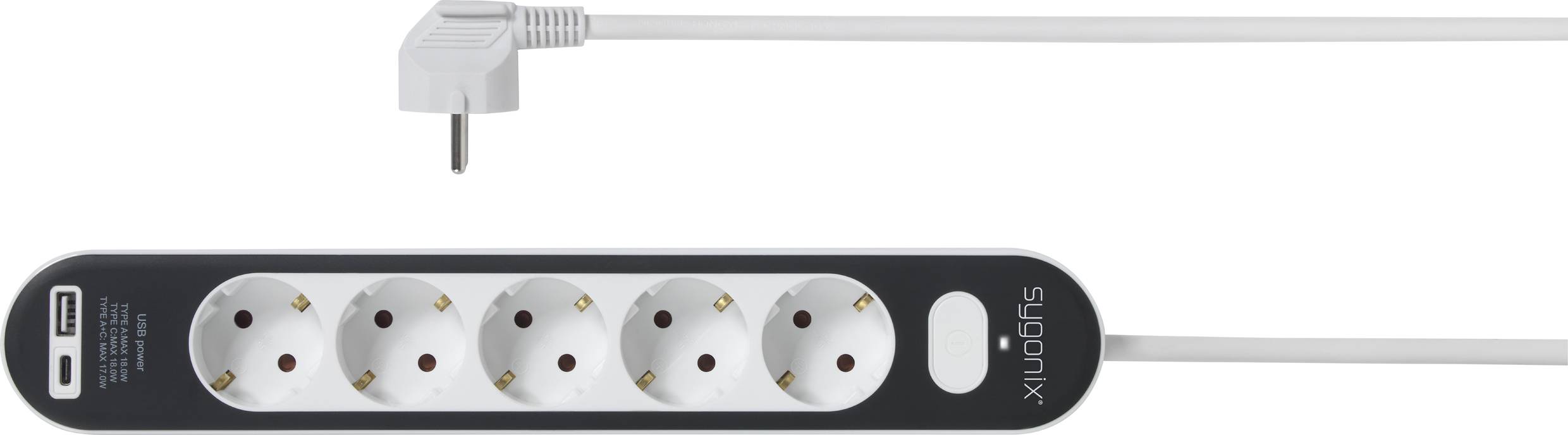 Power strip with five sockets and one USB port, connected to a mains cable.
