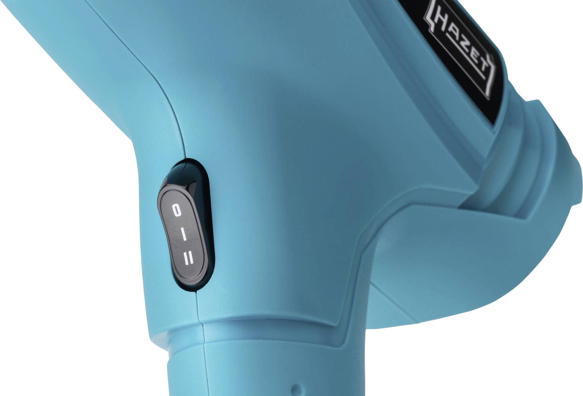 Close-up of a blue electrical device with a switch showing settings '0' and 'II', and a manufacturer's logo at the top.