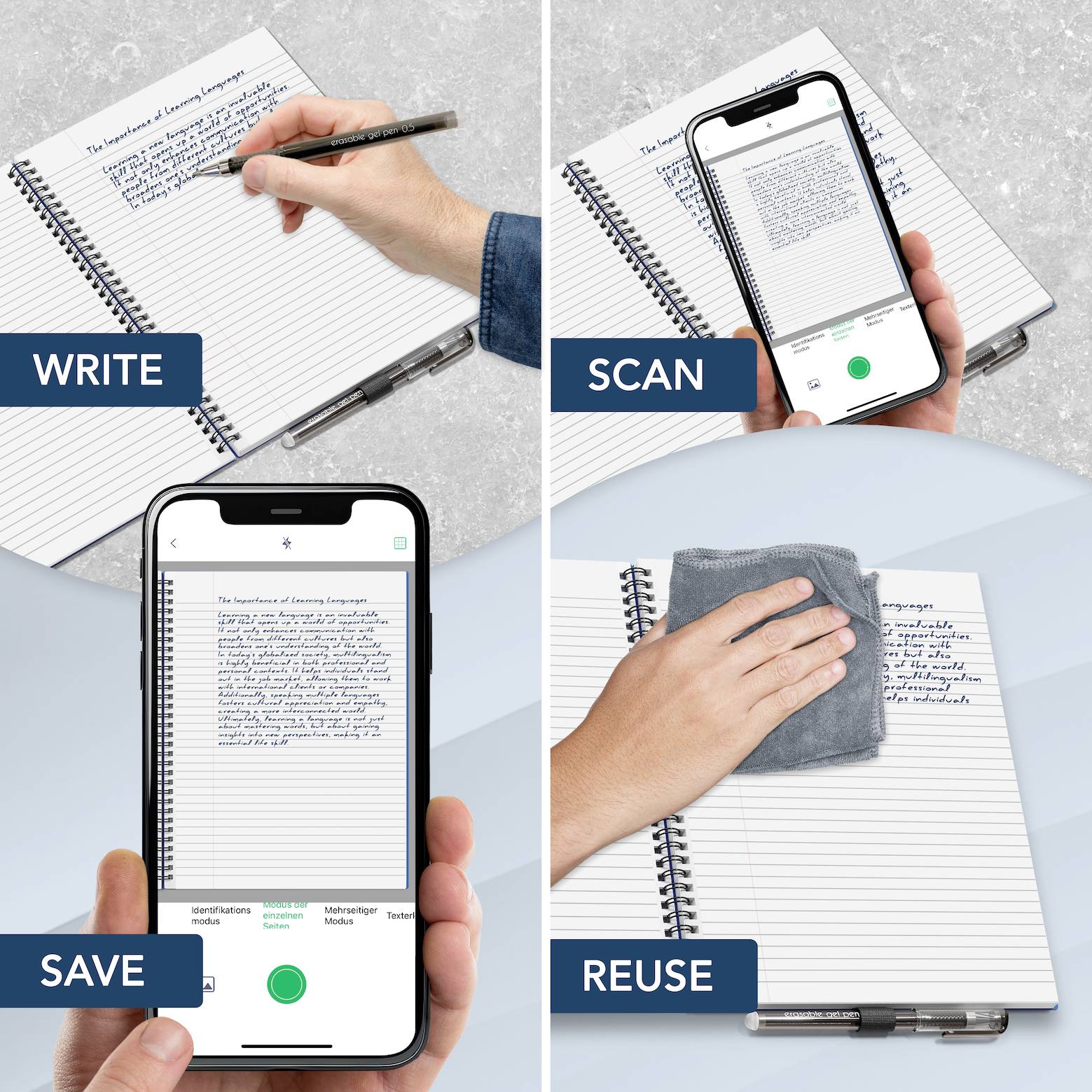 A hand uses a pen on a notebook, while a phone scans notes. The notebook's pages are being wiped clean, indicating reuse.