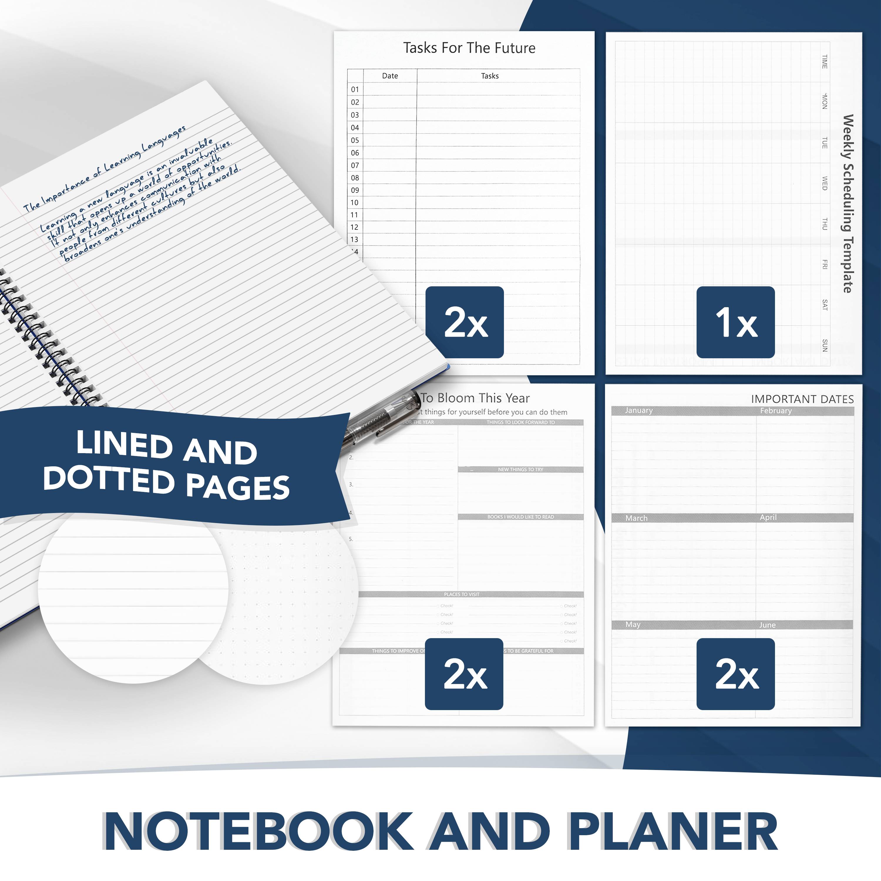 Notebook and planner set including lined and dotted pages, task lists, scheduling templates, and important dates sections with varying quantities.