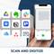 'Scan and Digitize' concept with a smartphone displaying a scanning app. Various productivity app icons are in the background.