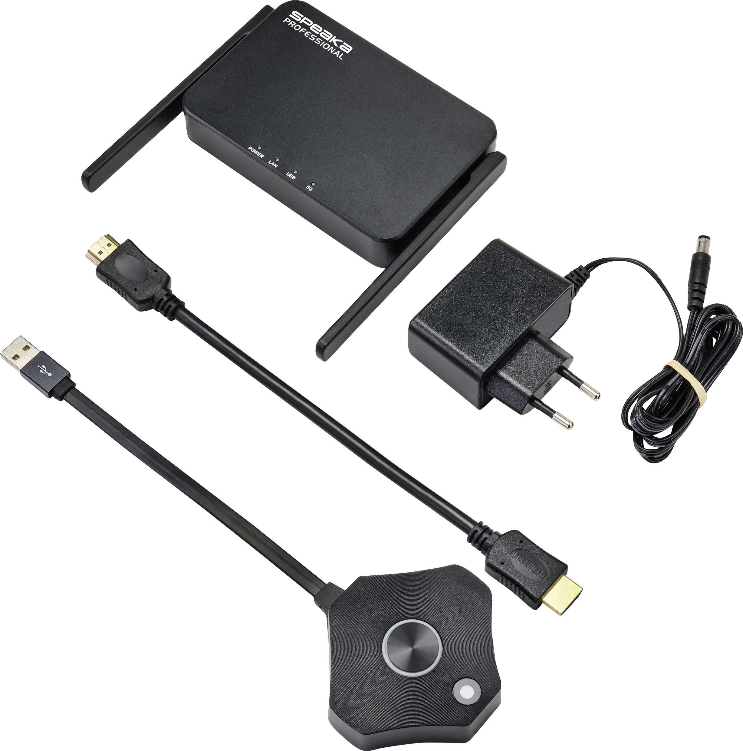 A wireless presentation system consisting of a receiver, power supply, and transmitter with HDMI and USB cables.