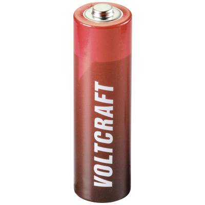 A red AA battery with 'VOLTCRAFT' printed on the side, standing on its flat end.