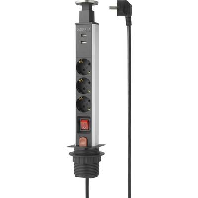 Multi-socket extension lead with three power outlets, two USB ports and cable. Vertical design with switchable on/off button.