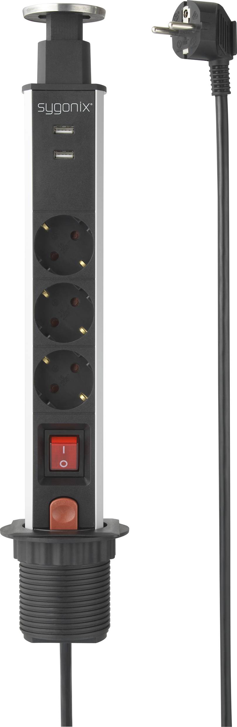 Vertical power strip with four sockets and a red on-off switch, cable with Schuko plug. Branded 'sygonix'.
