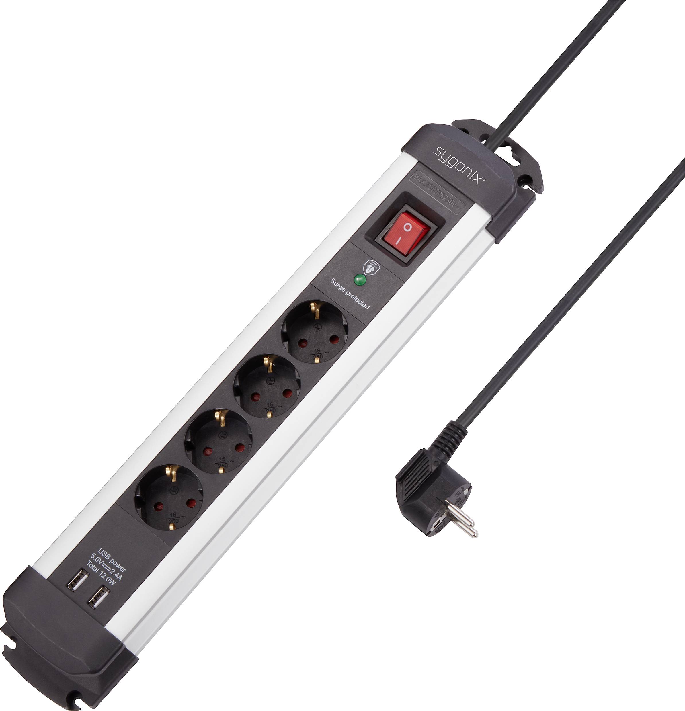Sygonix SY-4755592 Surge protection power strip 4x Silver, Black PG connector 1 pc(s)