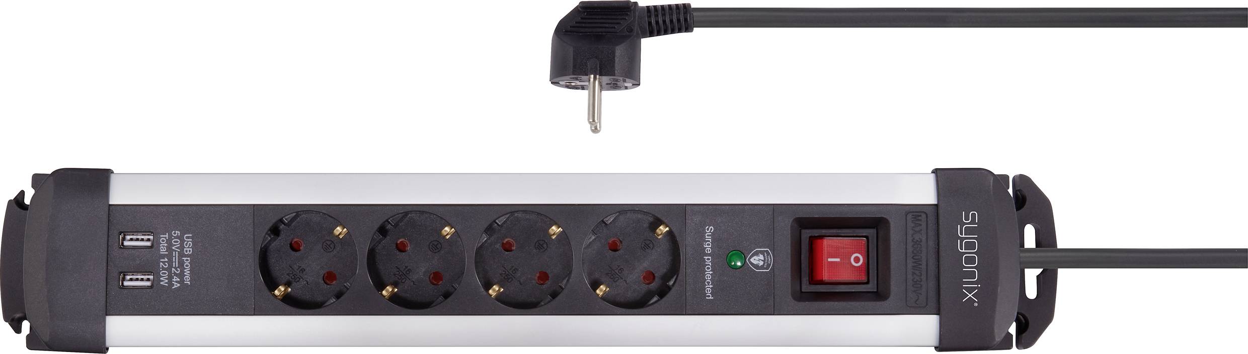 Black power strip with four round sockets, USB ports and a red power on/off switch. Cable pointing upwards.