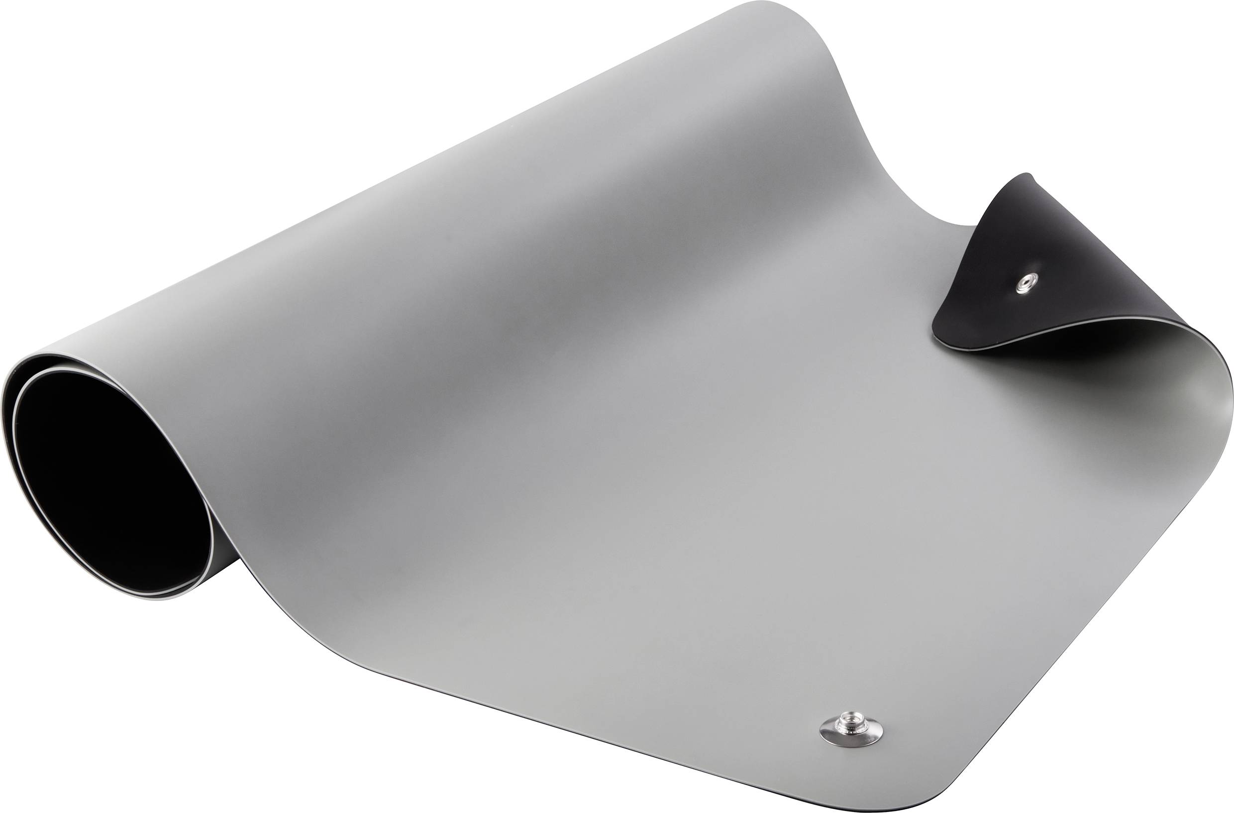 A rolled-up, grey mat with a black reverse side and a button fastening along the edge.