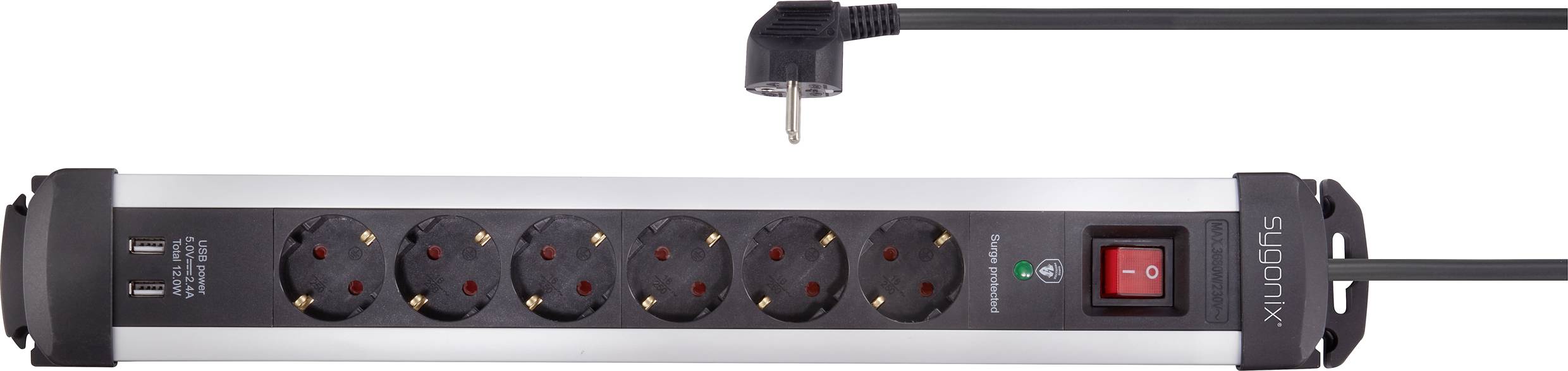 Overview of a power strip with six sockets, two USB ports, and an on/off switch. Cable with plug visible on the right-hand side.