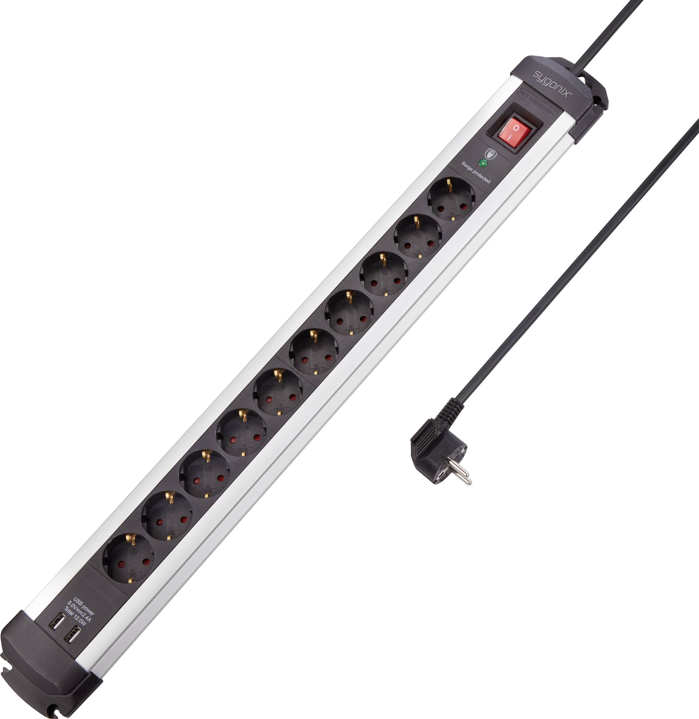Image of Sygonix SY-4755608 Surge protection power strip 10x Silver, Black 1 pc(s)