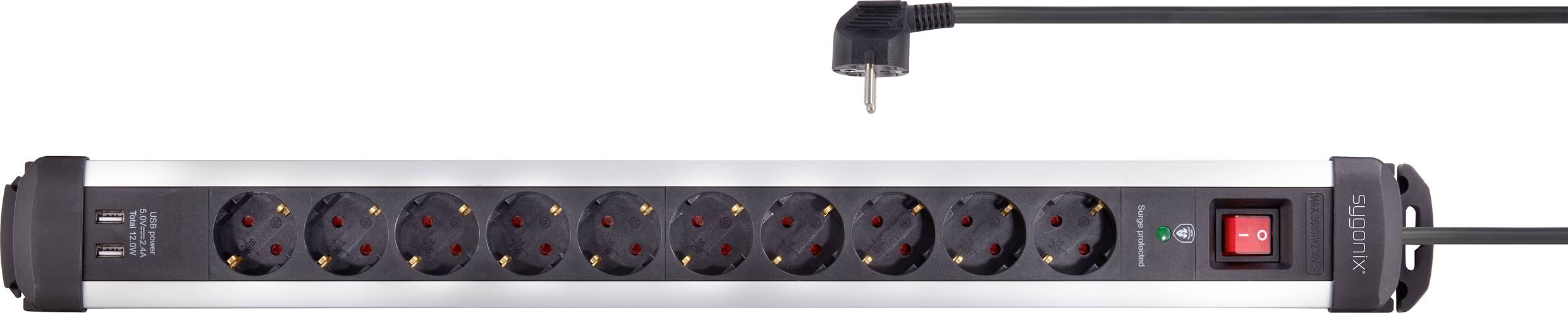 Ten-socket power strip with a red on/off switch and green LED light on the right side, with a black power cable.