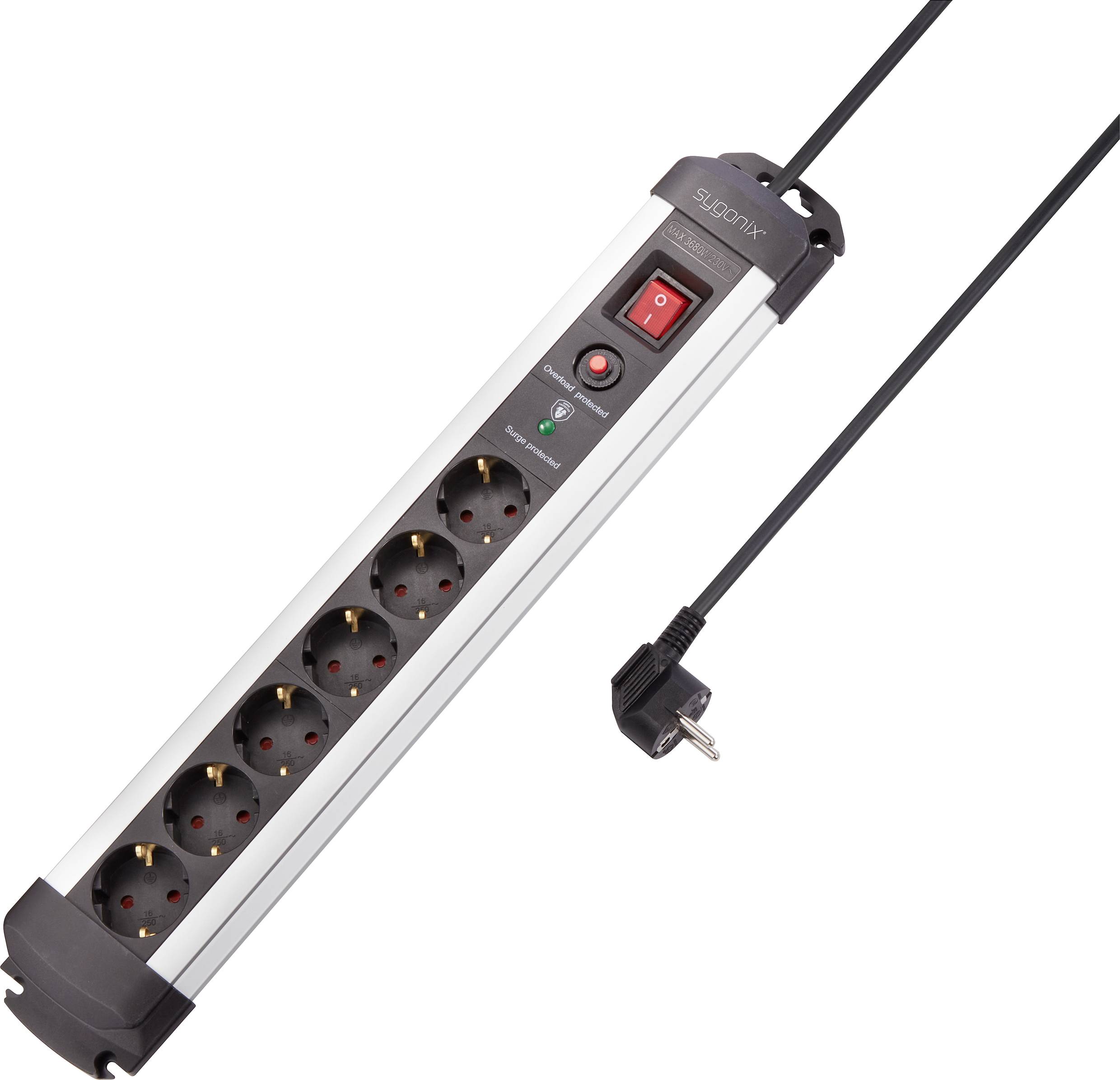 Six-way power strip with a single cable and power switch, suitable for connecting multiple devices via a single power source.