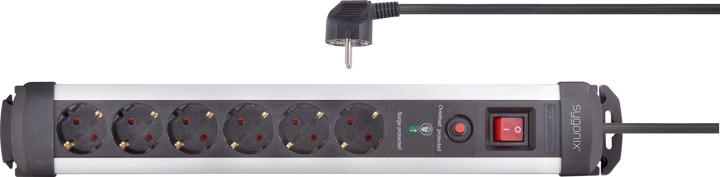 Eight-way Schuko socket extension with a red on/off switch and black cable. Ideal for powering multiple devices.