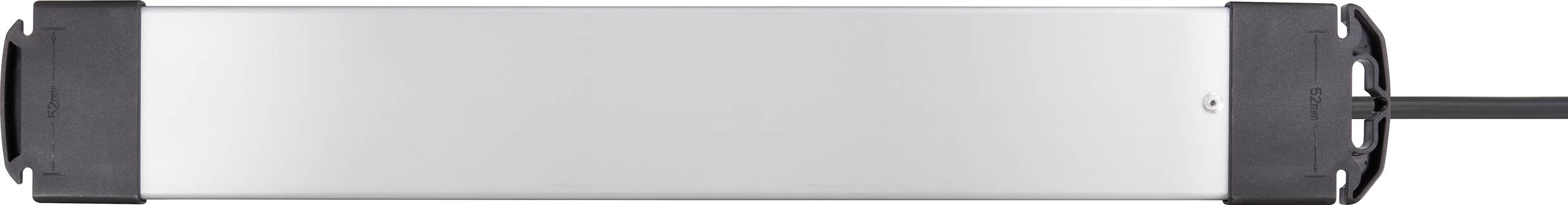 A rectangular, silver electronic device with black end caps and a cable connection on the right-hand side.