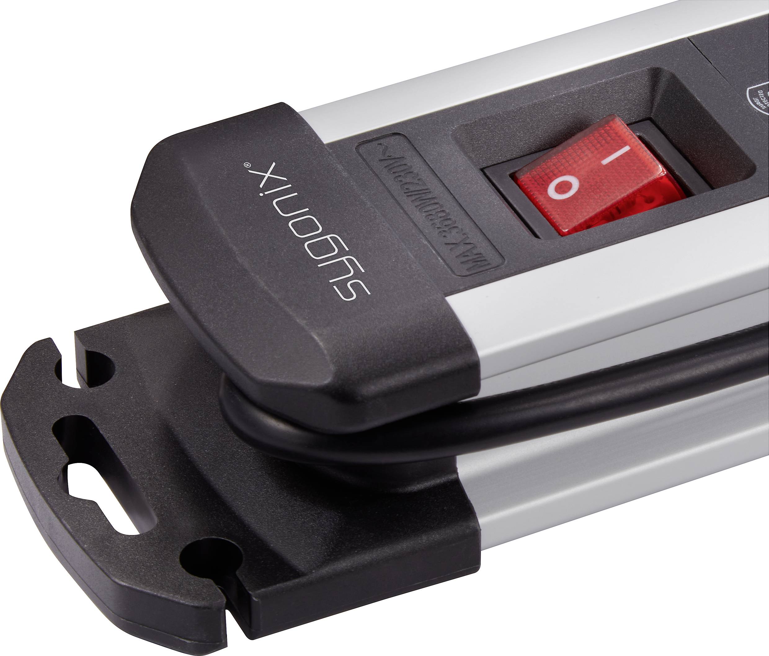 Black power strip with a red on/off switch. It has a silver surface and is connected to a cable.