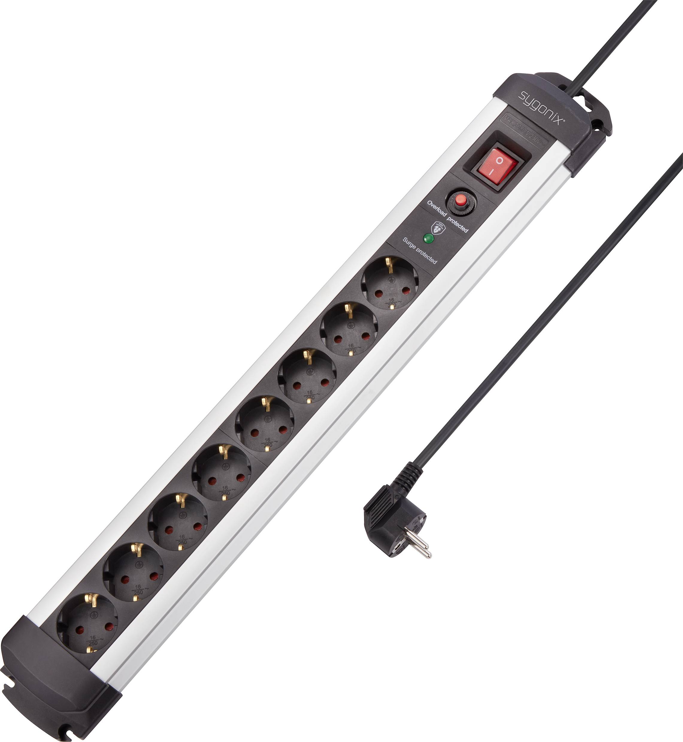 A power strip with eight sockets, an on/off switch, and surge protection. An electrical cable is connected.