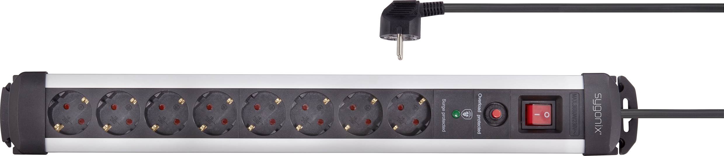 A black surge protector with eight sockets is pictured on a white surface. A red on/off switch is located on the right.