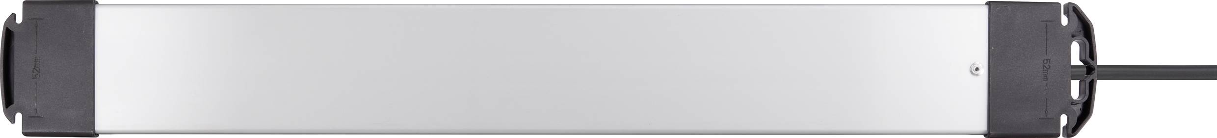 A rectangular, silver LED light with a black frame and cable on the right side.