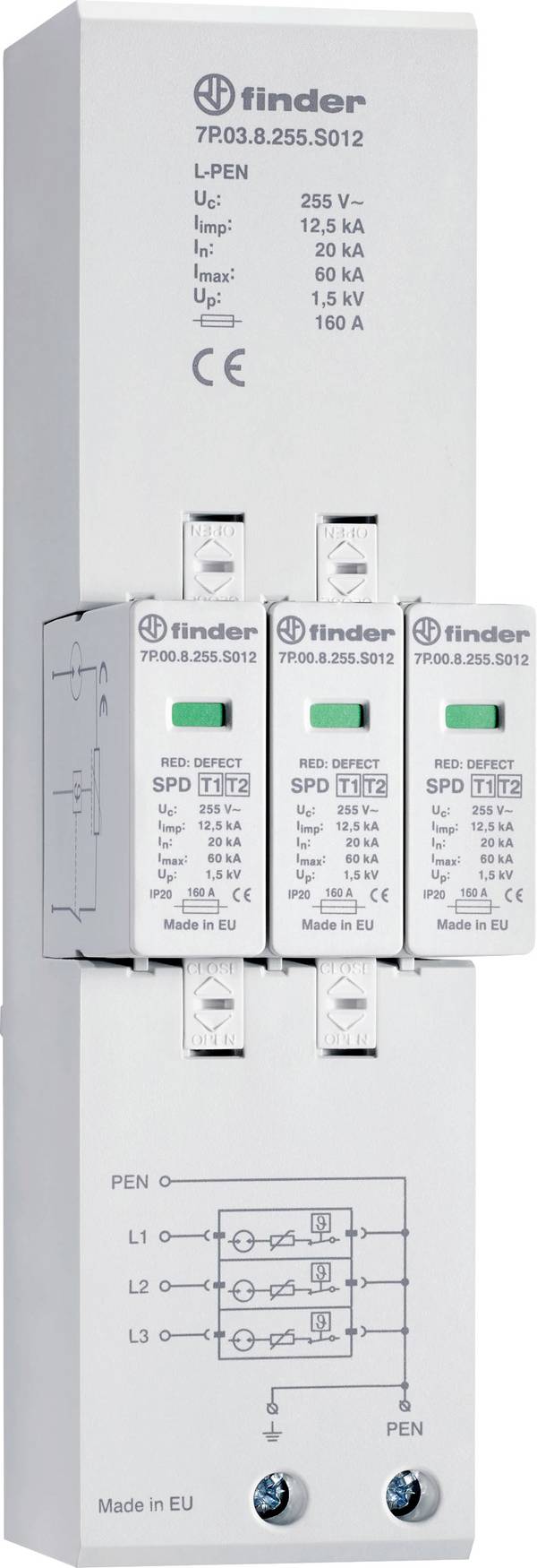 Finder 7P.03.8.255.S012 7P.03.8.255.S012 Surge arrester Surge protection for: 40 mm busbar 20 kA 1 pc(s)