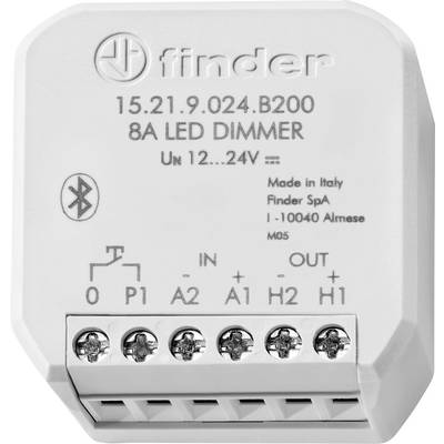 A 'Finder' 8A LED dimmer, suitable for voltages from 12 to 24V, with Bluetooth functionality. Connections for input and output are visible.