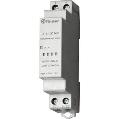 A silver switched-mode power supply by Finder, model 78.12.1.230.2400, with input range 110-240V AC and output 24V DC, 0.5A.