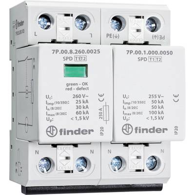 A surge protection device by Finder with a green indicator and technical specifications on the front.