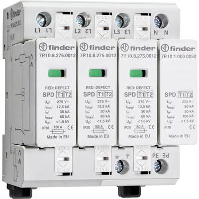 Surge protection device with three modules, bearing the inscription 'Finder', with voltage and current ratings on each module, in white and grey colouration.