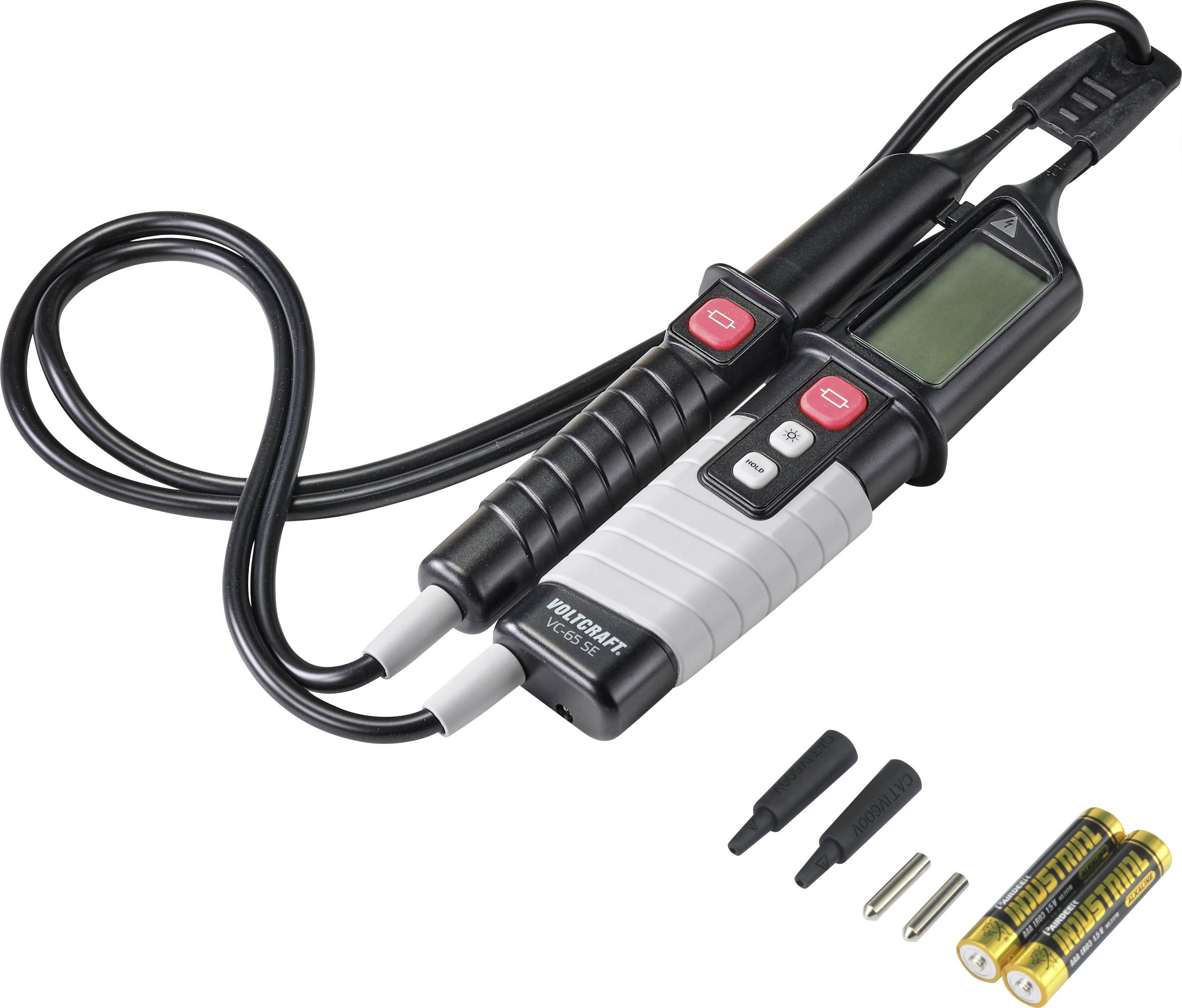 Voltage tester with batteries and interchangeable tips. Suitable for voltage checking in electrical circuits.