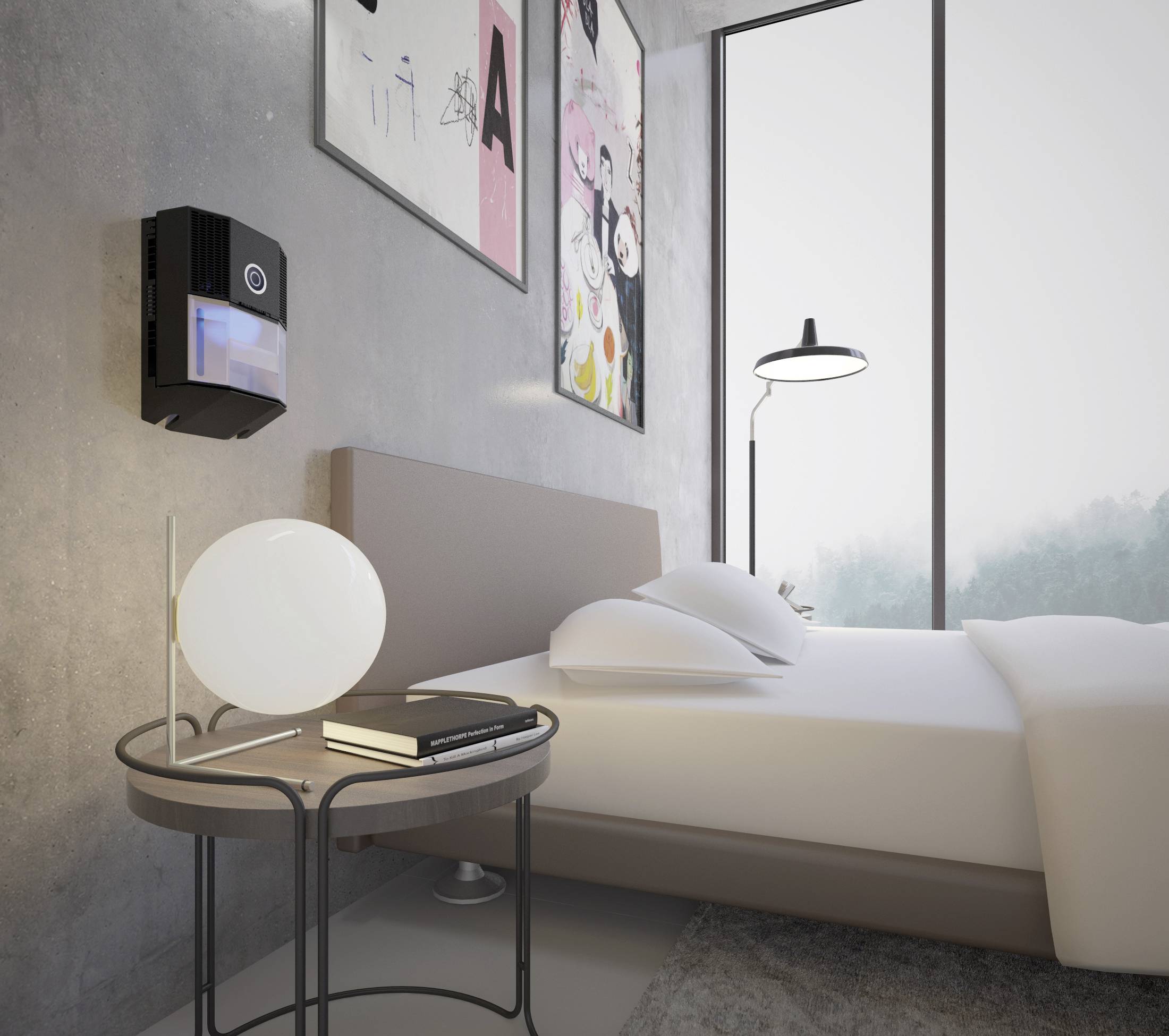 Modern bedroom with a large window, double bed, bedside table with lamp and books. Artworks on concrete wall and wall shelf.