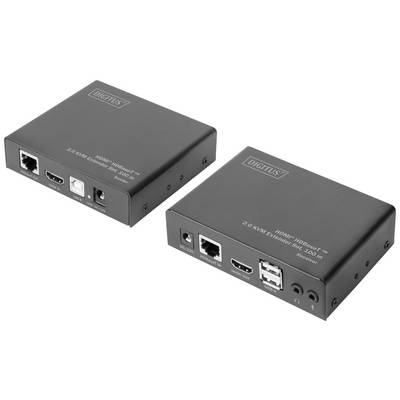 'Two black Digitus HDMI extenders with connections for HDMI, USB and Ethernet. Models for signal transmission over longer distances.'