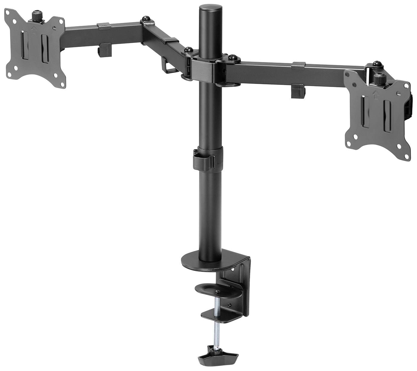 Black metal dual monitor stand with desk clamp mounting, featuring two adjustable monitor arms.