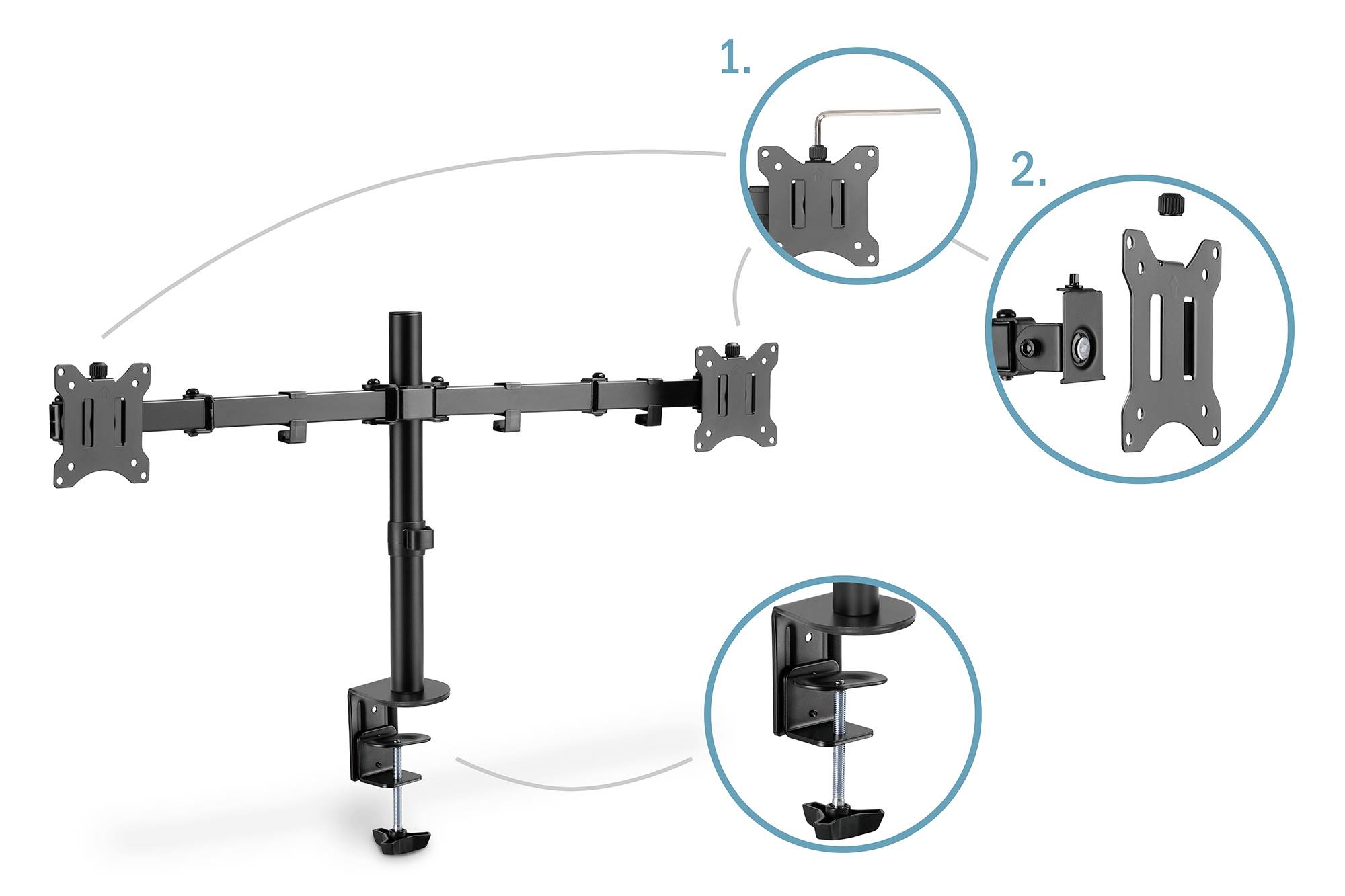 Metal multi-monitor mounting bracket with vertical pole and horizontal arms. Two magnifying views show details of the mounting bracket and clamp.