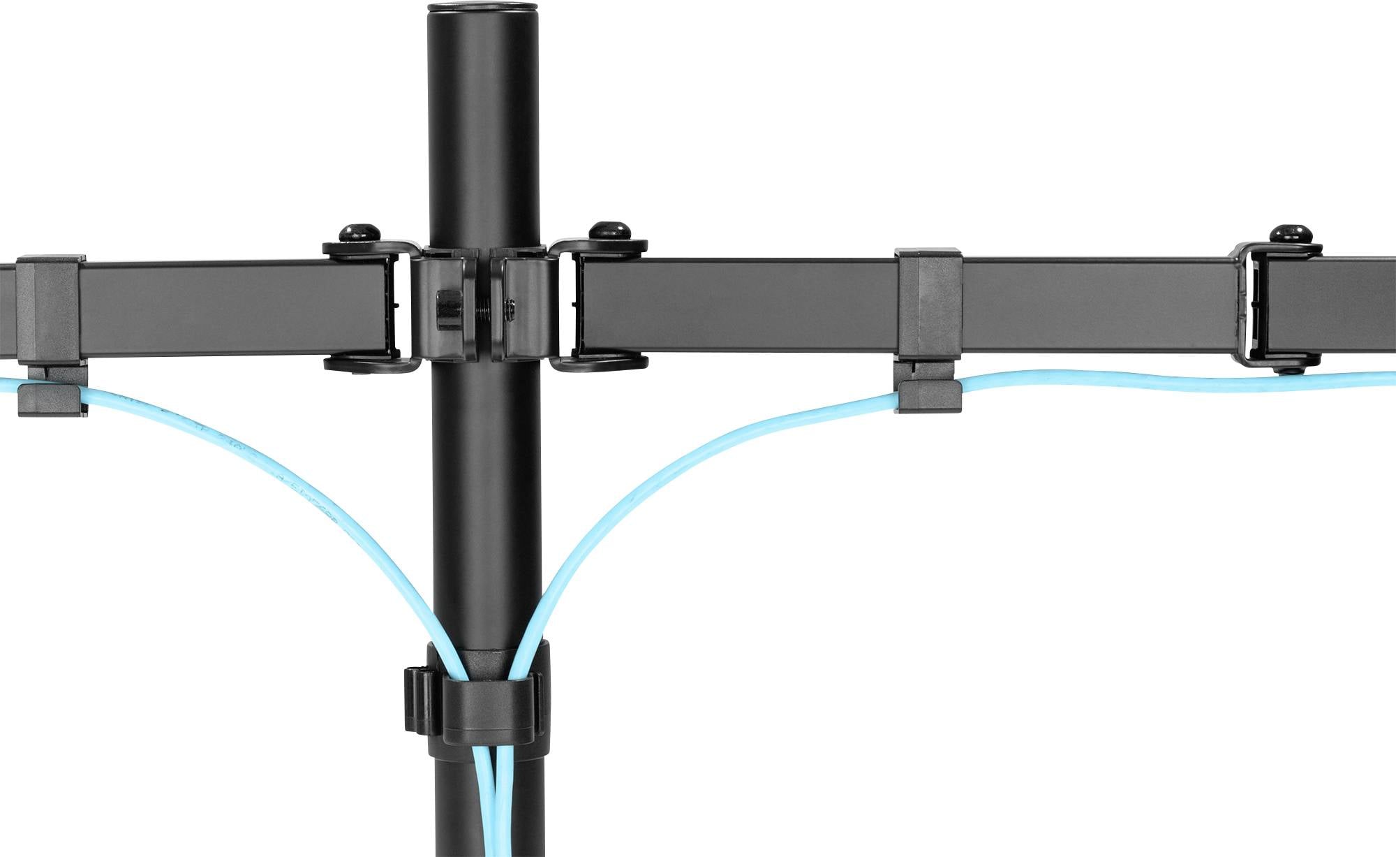 Black monitor arm with blue cable management, mounted centrally on a vertical pole.