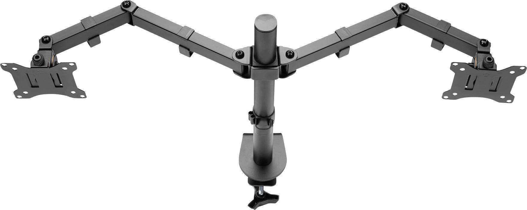 Metal dual monitor mount with adjustable arms for table mounting, suitable for two screens.