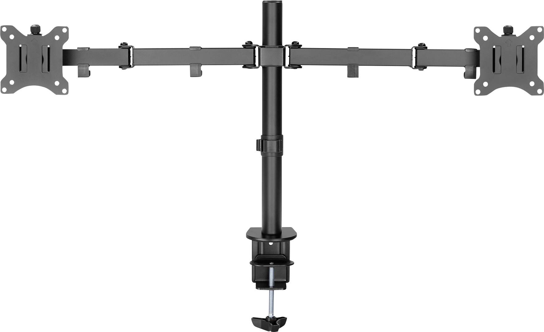 Dual metal monitor arm, height-adjustable, for desk mounting with clamp system. Suitable for two screens side by side.
